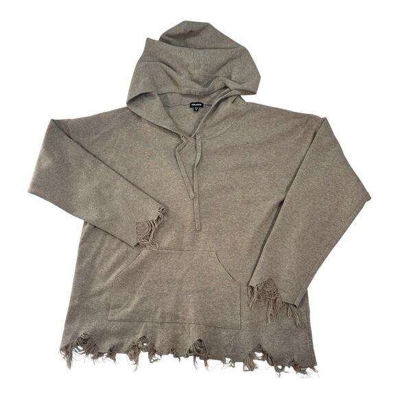 MITTOSHOP Women’s Sweater Hoodie Fringe Raw Edges Distressed Tan - Picture 1 of 9